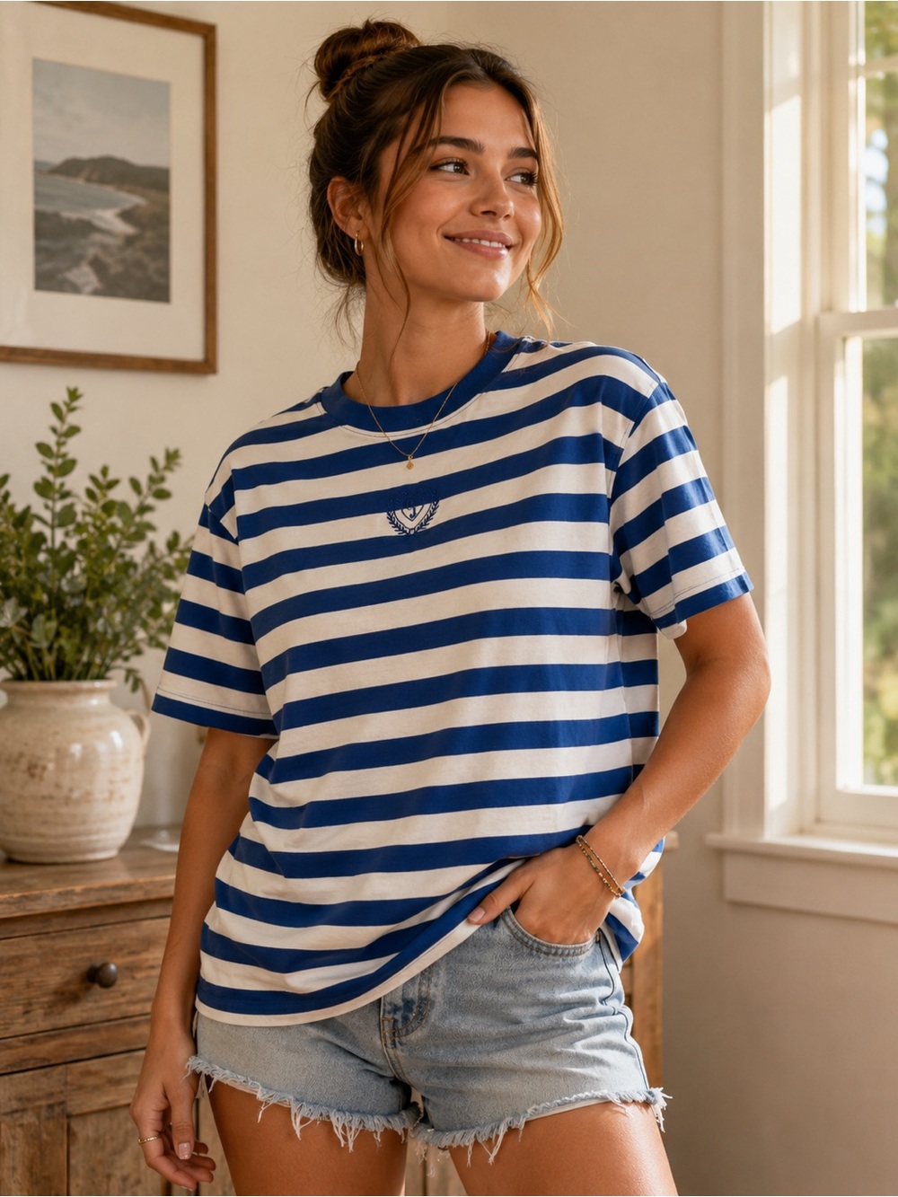 Vintage 90s Bonjour International Striped Crest Logo Tee - Small GUC